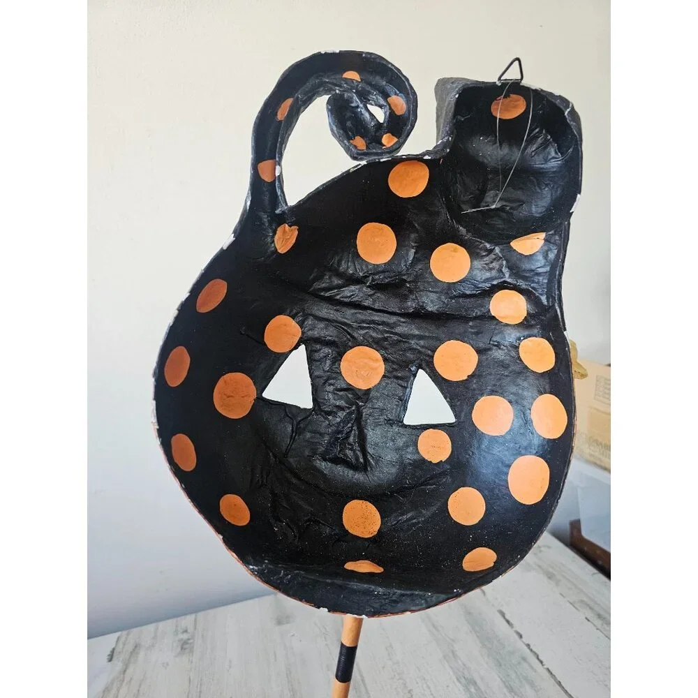 Halloween shabby chic cat pumpkin face mask hanging unique‎ paper mache decor
